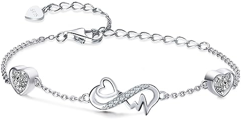 Qings Infinity Armband Damen Sterling Silber Unendlichkeit Herz April Moissanit Geburtsstein Armbänder Verstellbar EKG Herzschlag Armreif Edelstein Armkette Schmuck Geburtstags Geschenk für Mädchen