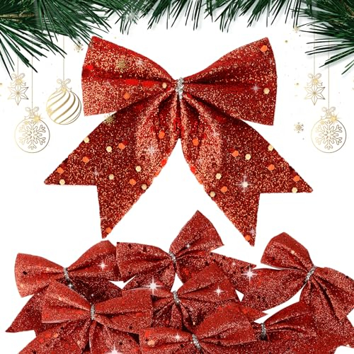 BHGT 24 Stück Weihnachten Schleifen Rot Weihnachtsschleifen Glitzer Schleifen Weihnachtsbaum Bogen Tannenbaum Schelifen Weihnachtsdeko Weihnachtsbaumschmuck Weihnachtskranz Deko (Rot)