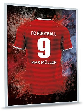 GRAVURZEILE Fußball Bild auf Acrylglas - Fussball Fanartikel Foto Trikot mit Name Nummer & Verein - Personalisierte Geschenke für Männer und Jungen - Geschenk für Ihn - Bayern Trikot - 20 x 30 cm