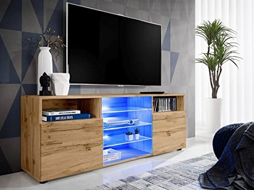 Komodee, Meuble Banc TV Urbino, Wotan Wotan, Largeur 140cm x Hauteur 53cm x Profondeur 35cm, sans LED, pour Salon, Chambre