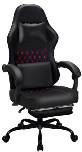 T-THREE High Back Ergonomic Computer Gaming Office Desk Swivel Racing Chair - Adjustable Lumbar Support and Headrest - Withstands 150 Kg - With Footrest (Red)