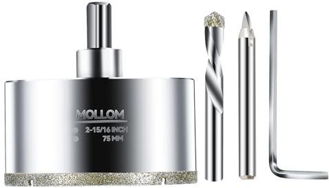 MOLLOM (75mm | 2-15/16) Sierra de corona de diamante con 2 brocas piloto removibles, corte suave para azulejos de porcelana, vidrio, cerámica, mármol, fibra de vidrio, etc