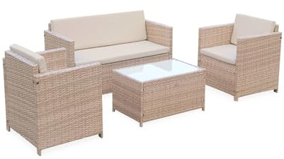 Alice's Garden Gartenmöbel aus geflochtenem Harz - Perugia - Farbe Natur, Beige Kissen - 4 Sitze - 1 Sofa, 2 Sessel, 1 Couchtisch