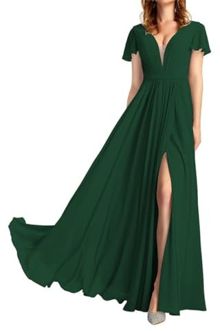 Vestido de dama de honor con cuello en V para mujer, para boda, manga corta, gasa, noche, graduación, vestido largo con limo, verde esmeralda, 52