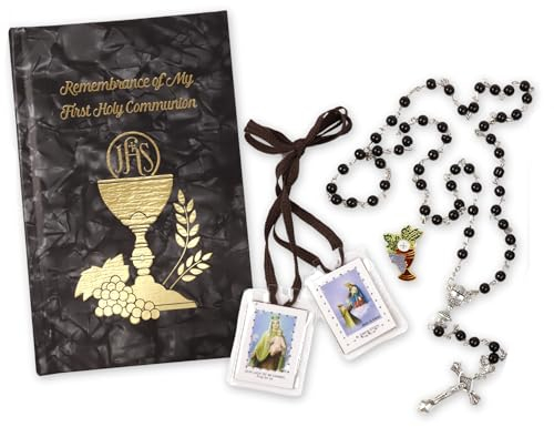 Needzo Black First Communion Wallet Set – The Lord's Supper Black Pearl Rosary, Laminated Prayer Cards & Keepsake Booklet, 4 Items, Black, Modern