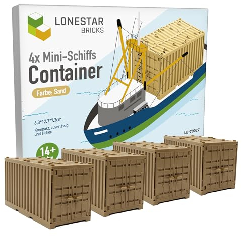 LONESTAR Klemmbausteine Schiffs Container Set, 4x Frachtcontainer Sand, kompatibel mit Klemmbaustein Systemen, realistisches Design, stapelbar, kreatives Zubehör, ideal für Hafen und Dioramen