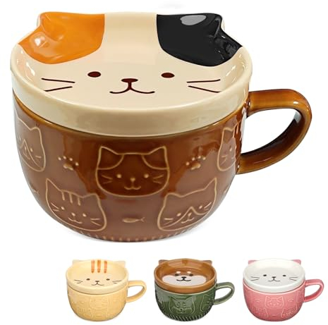 Tasse en céramique pour chat, jolie tasse en céramique avec couvercle, tasse amusante, tasse à café ou à thé pour les amoureux des chats, cadeau pour femmes, amis, enfants, Noël, anniversaire(marron)