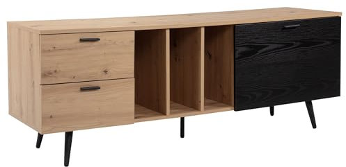 Wohnling Lowboard Eiche-Dekor Schwarz 150x55x40 cm Design TV-Kommode Modern, TV-Schrank Hoch, Fernsehtisch Fernsehschrank mit Tür & Schubladen, Fernsehkommode Wohnzimmer Modern