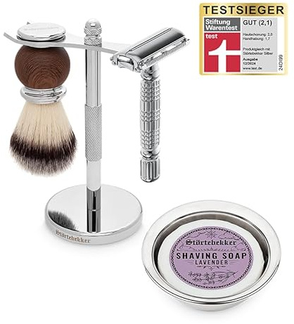 Störtebekker® Premium Rasierständer Set - mit Rasierhobel, Rasierpinsel, Rasierschale und Rasierseife Lavendel - hochwertiges Rasierset/Bartpflege Set - 8 Düfte - Geschenkidee Herren Rasierset