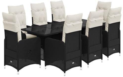 vidaXL Garten Bistroset 9-TLG., Balkonset mit Kissen, Gartenmöbel Tisch 8 Verstellbare Stühle, Balkonmöbel Sitzgruppe Gartengarnitur, Schwarz Poly Rattan