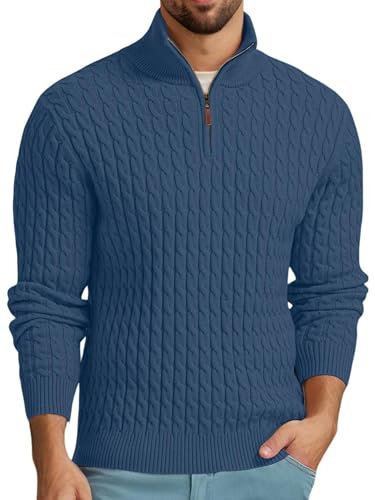 QIXING Men's Cable Knit Jumper Quarter Zip Mock Neck Cable Pattern Sweater Soft Casual Tops with Ribbed Edges (Blue, L)
