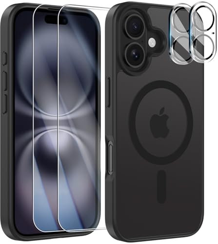 YisrLery 5-in-1 Kompatibel mit iPhone 16 Hülle für Mag Safe mit 2 Stück Schutzfolie und 2 Stück Kameraschutz Militärnorm Schutz, PC Kratzresistente Rückseite Stoßfest Magnetische Hülle 6.1- Schwarz