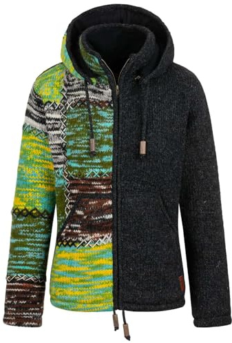 Kunst und Magie Strickjacke Schurwolle Klassich Nordisch Wolle Jacke Winterjacke Hochkragen Kapuze Ying Yang