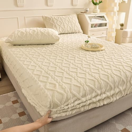SASIGAYA Spannbettlaken 90×200cm Flanell Spannbetttuch Winter Plüsch Fleece Spannbetttucher Superweiches Matratzenschoner Flauschig Warme Bettlaken für Boxspringbett Topper Matratzen bis 25cm Beige