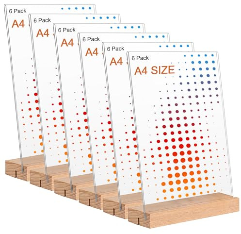 Whemyreat Lot de 6 présentoirs de table avec pied en bois - Format A4 - En acrylique transparent - En forme de L - Double face - Pour mariage, bureau, café, restaurant, magasin
