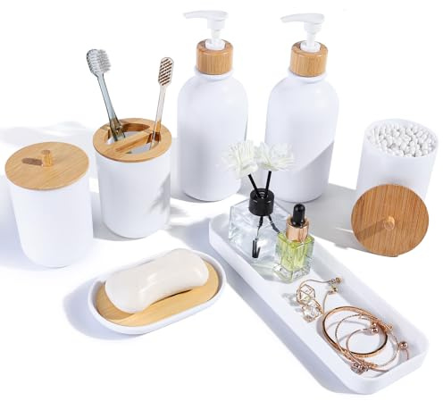 FNGJMJG Badezimmerzubehör-Set, 7-teilig, Bambus-Badezimmer-Zubehör-Set, weißer Seifenspender und Zahnbürstenhalter, Qtip-Halter, Schminktisch, Seifenschale, moderne Badezimmer-Dekoration