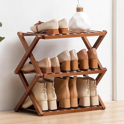 Gelory Zusammenklappbares Schuhregal aus Bambus, tragbares Schuhregal aus Holz, ohne Installation, kleines Schuhregal, perfekt für Korridore, Schlafzimmer und kleine Räume (braun, 3 Etagen)