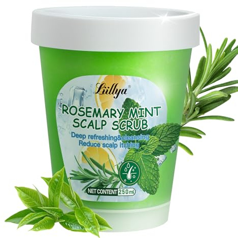 Liillya Exfoliating Scalp Scrub with Rosemary Oil Mint Oil Hyaluronic Acid 2-in-1 Scalp Treatment for Deep Clean & Hair Growth Clarifying Shampoo for Itchy & Oily hair, Dandruff, Build Up 250g