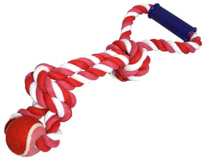Red Rope with Tennis Ball & Tug Twin Loop Dog Toy for medium & large dogs. Strong, durable chew toy with dual handles for better grip—great for tug, fetch, interactive play, and training fun.