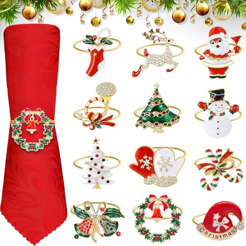 12 Stück Serviettenringe Weihnachten, Metall Weihnachtliche Tischdeko Set, für Weihnachtsabend-Dekoration, Party, Hochzeit, Thanksgiving