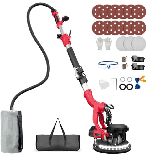 Protmex Drywall Sander - 1000W Wall Sander with Vacuum Dust Collection and LED Light 6 Speed 800-2200RPM 15Pcs Sanding Discs Foldable Extendable Electric Sanding Machine for Walls Popcorn Ceiling, Red