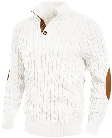 JMIERR Men's Cable Knit Jumpers Winter Casual Stand Collar Warm Long Sleeve Pullover Sweater Tops for Men,White,3XL