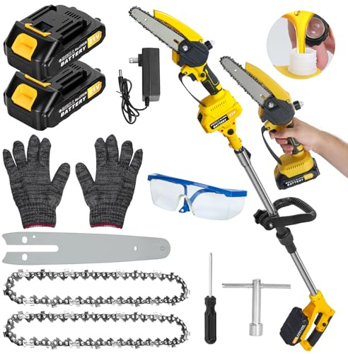 Scie à Perche Électrique Sans Fil 21V, Tronçonneuse avec Moteur Brushless, Perche Télescopique 0,9-5,9 Pieds, 2 Batteries 1500mAh, 2 Chaîne, pour Élagage et Jardinage