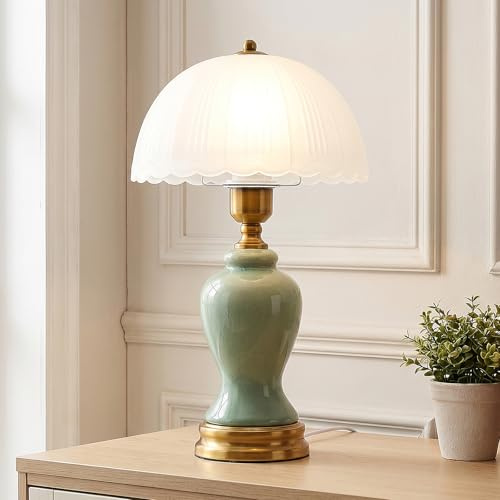HvKvHvY Vintage tischlampe glaviert Glas, moderne Keramik Tischlampen für Schlafzimmer, Retro Nachttisch traditionelle Lampen, klassische Chinoiserie grüne Lampe für Heimdekor(06)