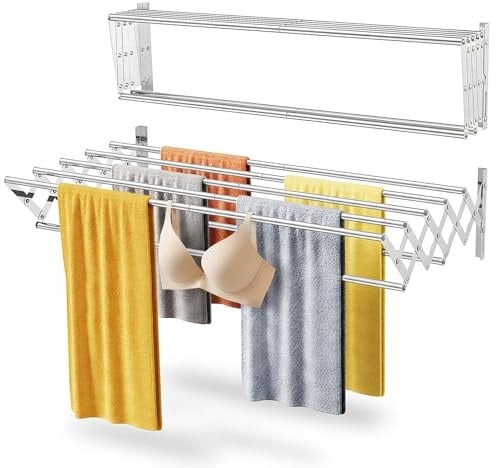 AONAT Wäscheständer Wandmontage, Wäschetrockner Wand ausziehbar mit 7 Stangen, Foldable Wall Mount Laundry Rack Folding, Edelstahl, platzsparender Trockenständer für Innen und Außen, 60x 52 x 18.5cm