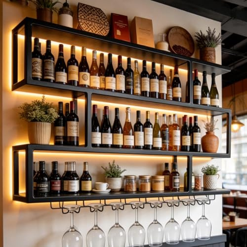 AUSKLEZU Botellero de Pared para Vino con Luz LED Cálida - Botellero Industrial de Pared Vertical de 4 Niveles, Estantería Flotante con Soporte para Copas Colgante para Bar, Cocina y Comedor (180cm)