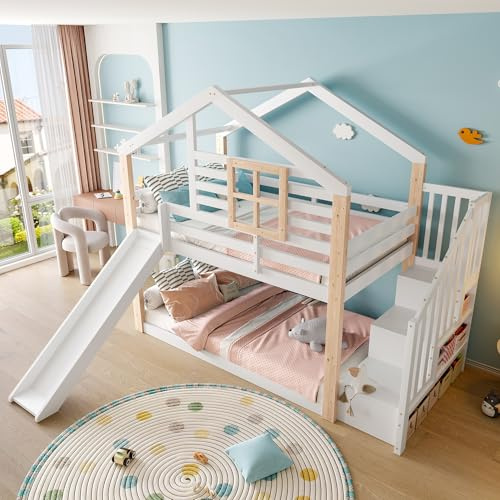 Villeston Kinder-Etagenbett mit Rutsche und Treppe im skandinavisches Stil, Massivholzkonstruktion, stabil & sicher, mit Geländer & Stauraum, platzsparend, ideal für Geschwister