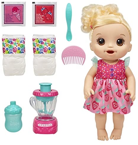 Baby Alive Poupée Magique à la Fraise avec Accessoires mélangeurs, Boissons, mouillent, Mange, Cheveux blonds pour Enfants à partir de 3 Ans