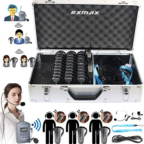 EXMAX EX-200E UHF Sprachübertragung, kabelloses Tourführer-System, Simultandolmetschen für Kirchenübersetzung, Anbetung, Dolmetschen, Übersetzer-Kit (2 Sender, 30 Empfänger, 32 Steckplätze,