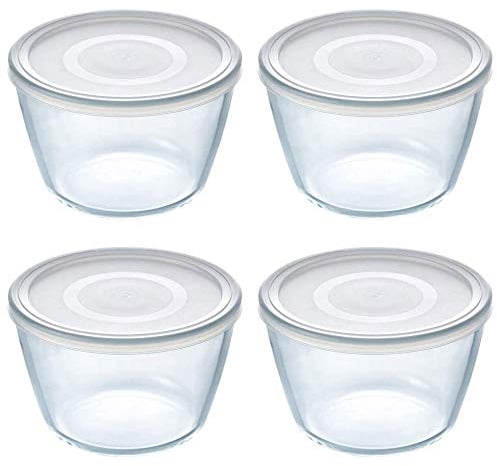 Pyrex Microwave Safe Classic Round Glass Dish with Plastic Lid 0.6 Litre White (Pack of 4)