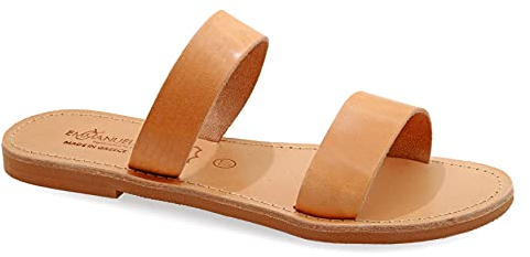 Emmanuela sandali in pelle piatta a mano greco, stivali da scivolo di alta qualità scarpe estive per donna, cinghia sandali diapositive, sandali boho chic, beige, 36 EU