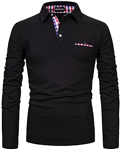 APAELEA Men's Long Sleeve Polo Shirt Casual Rugby Shirts with Plaid Down Collar,Black,L