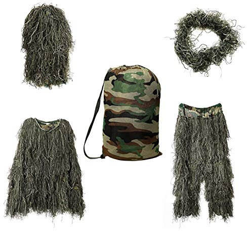Bseical Ghillie Suit For Men, Camouflage Hunting Apparel Kit, Include Pants, Jacket, Freestanding Hood, Rifle Cover, Storage Bag, For Jungle Hunting, Shooting, Wildlife Photography, Halloween (green)