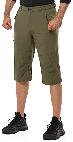 33,000ft Herren 3/4 Hose Cargo Shorts Kurze Wanderhose Stretch Leichte Radhose Sommer Capri Dreiviertel Hose Outdoor Shorts UPF 50+ mit Viele Taschen für Wandern Laufen Radfahren Olivgrün L