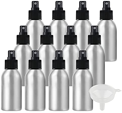 ZEOABSY Pack of 12 Empty 100ml Silver Aluminium Spray Bottle Refillable Aluminum Bottles with Black Fine Mist Sprayer Metal Spray Bottles for Perfume Hair Garden Travel, Funnel