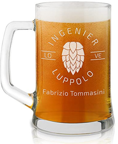 Maverton Boccale per la Birra in vetro con personalizzazione - capienza 500 ml idea regalo per il compleanno - H12 cm x Ø8,5 cm - Perfetto per ogni uomo amante della buona Birra - ingeniere luppolo