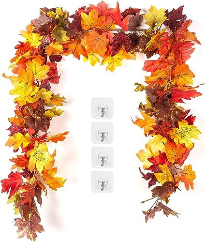 KASZOO 2 Pack Artificial Fall Maple Leaf Garland, 5.8 Ft/Pack Autumn Hanging Garland for Thanksgiving Dinner Party Fireplace Christmas Home Decor