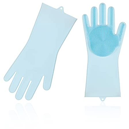 Vgo... 1 par de guantes de esponja para limpiar el lavavajillas, reutilizables, cepillo de silicona, guantes para fregar, resistentes al calor (SI2142)