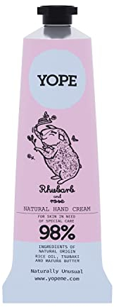 YOPE Crema mani, Olio di riso, tsubaki, Mafura e burro di karité, Glicerina vegetale, Ringiovanisce la pelle, 98% di Ingredienti Naturali, Formula vegana, Rabarbaro e rosa, 50ml