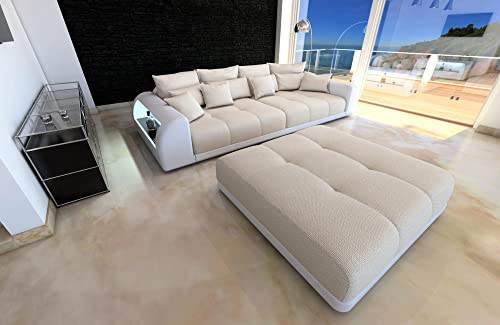 Big Sofa Miami Hugo mit USB Anschluss und LED-Beleuchtung wahlweise mit Hocker/Leder/Strukturstoff/Zierkissen (ohne Hocker, Weiß-Hugo 1)