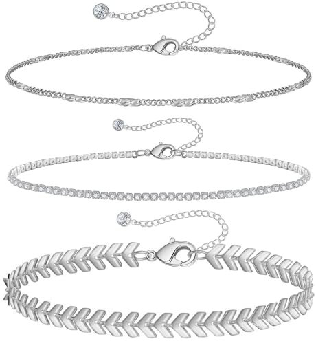 VGWON Bracelet de Cheville Argenté pour Femme en Acier Inoxydable, Plaqué Or 14K, Bracelet de Cheville en Perles D'Argent et Quartz Zirconien pour le Tennis