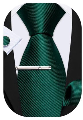 Barry.Wang Krawatten-Set für Herren, einfarbig, Seide, 8,4 cm, Krawatte, Einstecktuch, Manschettenknöpfe, Clip-Set, Business, Hochzeit, Party, Krawatte für Herren, Grüne, reine Farbe, Einheitsgröße