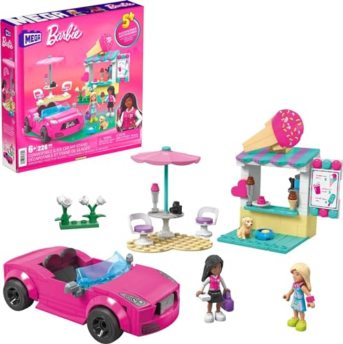 MEGA Barbie Car Building Toys Playset, Convertible and Ice Cream Stand Age 6+ with 225 Pieces, 2 Micro-Dolls and Accessories, Pink, Gift Ideas for Kids, HPN78