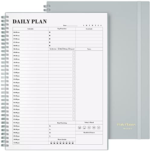 Planer Undatiert, Asten Tagesplaner, Agenda mit To-Do-Liste, Stundenpläne für Damen und Herren, Spiral-Terminbuch mit Gummizugverschluss, Innentasche 21,6 x 28 cm (Grau)