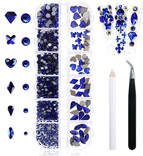 Yatinkim 810pcs Blue Nails Rhinestones for Crafts Nail Art Gems Crystal Charms Flatback Diamond Design Makeup Teeth Embellishments Shoes Wax Pencil