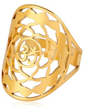 kkjoy OM Yoga Symbole Ring Edelstahl durchbrochene Lotusblume Verstellbare offene Finger Ringe Modeschmuck Geschenk für Frauen Männer